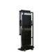Rear angled view of a tall black metal cart with a vertical frame, side handles, and caster wheels.