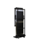 Rear angled view of a tall black metal cart with a vertical frame, side handles, and caster wheels.