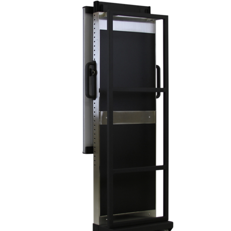 tm80i_hero_back Rear view of a tall black and metallic stand with a rectangular frame, side handles, and two wheels at the base for mobility.