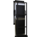Rear view of a tall black and metallic stand with a rectangular frame, side handles, and two wheels at the base for mobility.