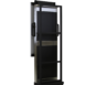 Rear view of a tall black and metallic stand with a rectangular frame, side handles, and two wheels at the base for mobility.