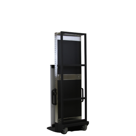 tm80i_hero_back1-1 Rear angled view of a tall black metal cart with a horizontal mounting bracket and caster wheels