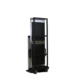 Rear angled view of a tall black metal cart with a horizontal mounting bracket and caster wheels