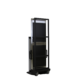 Rear angled view of a tall black metal cart with a horizontal mounting bracket and caster wheels