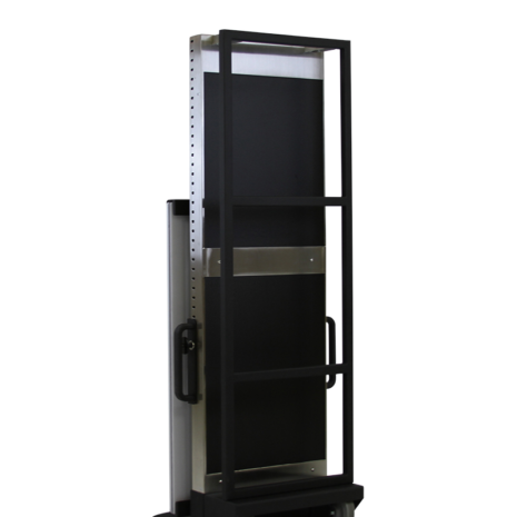 tm80i_hero_back1 Rear view of a tall metallic stand with a black panel, featuring a rectangular support frame, side handles, and two wheels at the base.