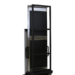Rear view of a tall metallic stand with a black panel, featuring a rectangular support frame, side handles, and two wheels at the base.