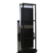 Rear view of a tall metallic stand with a black panel, featuring a rectangular support frame, side handles, and two wheels at the base.