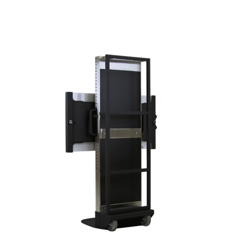 tm80i_hero_back2-1 Rear angled view of a tall black metal cart with a horizontal mounting bracket and caster wheels