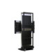 Rear angled view of a tall black metal cart with a horizontal mounting bracket and caster wheels