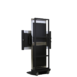 Rear angled view of a tall black metal cart with a horizontal mounting bracket and caster wheels
