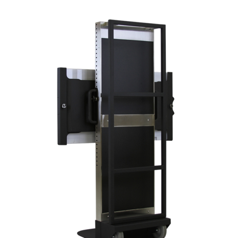 tm80i_hero_back2 Rear view of a tall metallic stand with a black panel, featuring a rectangular support frame, side handles, and two wheels at the base.