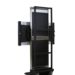 Rear view of a tall metallic stand with a black panel, featuring a rectangular support frame, side handles, and two wheels at the base.