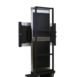 Rear view of a tall metallic stand with a black panel, featuring a rectangular support frame, side handles, and two wheels at the base.