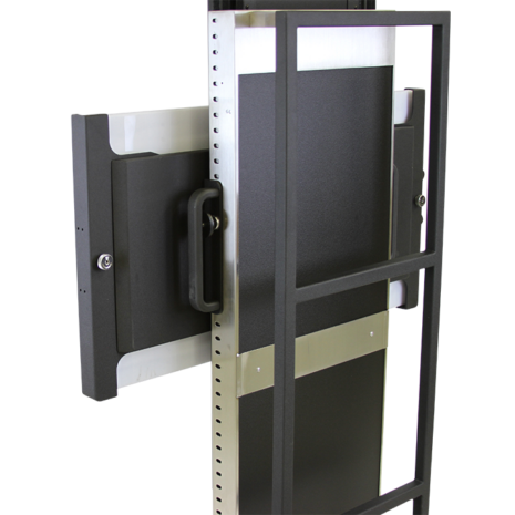 tm80i_hero_back_detail1 Close-up angled view of a black metal mounting bracket with a handle attached to a vertical frame and support bars