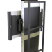 Close-up angled view of a black metal mounting bracket with a handle attached to a vertical frame and support bars