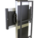 Close-up angled view of a black metal mounting bracket with a handle attached to a vertical frame and support bars