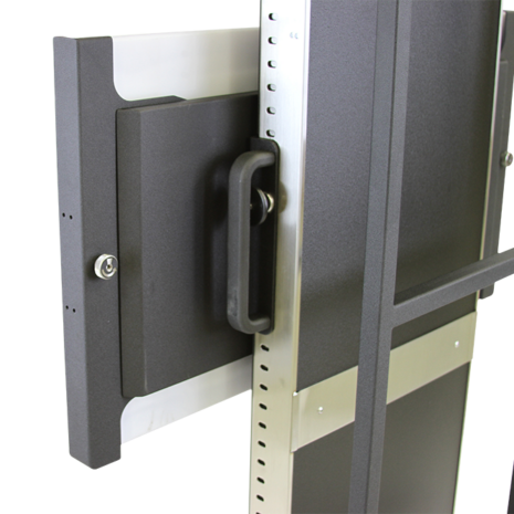 tm80i_hero_back_detail2 Close-up of a black mounting bracket with a sturdy handle attached to a metallic vertical frame featuring evenly spaced holes and support bars.