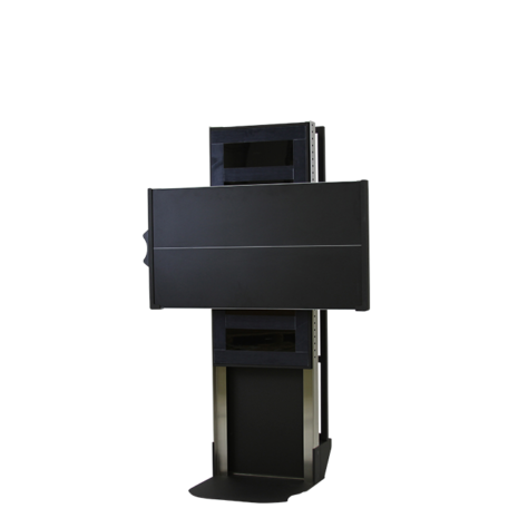 tm80i_hero_land-1 Front view of a tall black metal cart with a horizontally mounted panel and partially extended top section