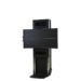 Front view of a tall black metal cart with a horizontally mounted panel and partially extended top section