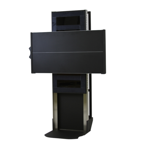 tm80i_hero_land Tall black rectangular panel mounted horizontally on a metallic stand, featuring a thin center line and flat base, with additional black sections above and below the main panel.