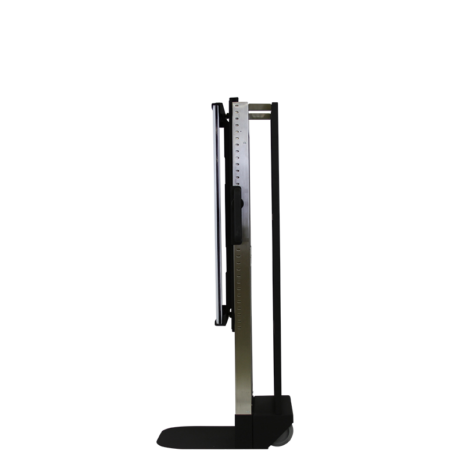 tm80i_profile-1 Side view of a tall black metal cart with adjustable slots and caster wheels