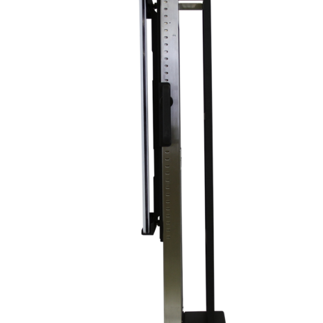 tm80i_profile Side profile of a tall metallic stand with a mounted black panel, featuring a slim vertical frame and a flat base with a wheel at the back.