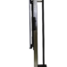 Side profile of a tall metallic stand with a mounted black panel, featuring a slim vertical frame and a flat base with a wheel at the back.