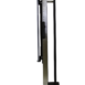 Side profile of a tall metallic stand with a mounted black panel, featuring a slim vertical frame and a flat base with a wheel at the back.