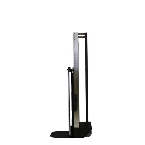 tm80i_profile1-1 Side view of a tall black metal cart with adjustable slots and caster wheels