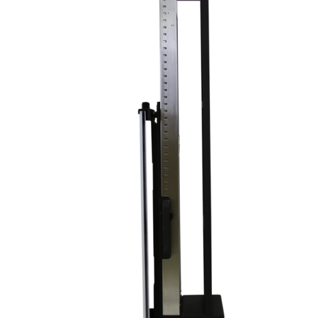 tm80i_profile1 Side profile of a tall metallic stand with a mounted black panel, featuring a slim vertical frame and a flat base with a wheel at the back.