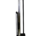 Side profile of a tall metallic stand with a mounted black panel, featuring a slim vertical frame and a flat base with a wheel at the back.