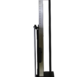 Side profile of a tall metallic stand with a mounted black panel, featuring a slim vertical frame and a flat base with a wheel at the back.