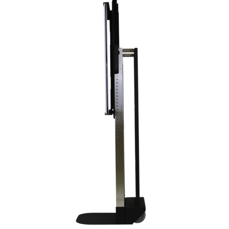 tm80i_profile2-1 Side view of a tall black metal cart with adjustable slots and caster wheels
