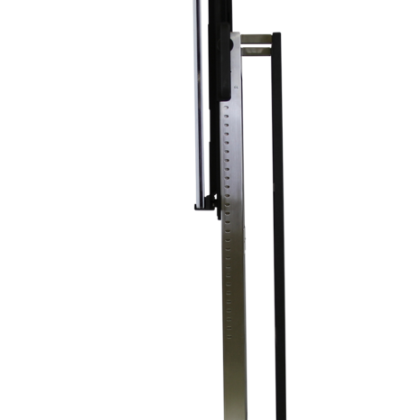 tm80i_profile2 Side profile of a tall metallic stand with a mounted black panel, featuring a slim vertical frame and a flat base with a wheel at the back.