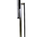 Side profile of a tall metallic stand with a mounted black panel, featuring a slim vertical frame and a flat base with a wheel at the back.