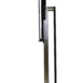 Side profile of a tall metallic stand with a mounted black panel, featuring a slim vertical frame and a flat base with a wheel at the back.