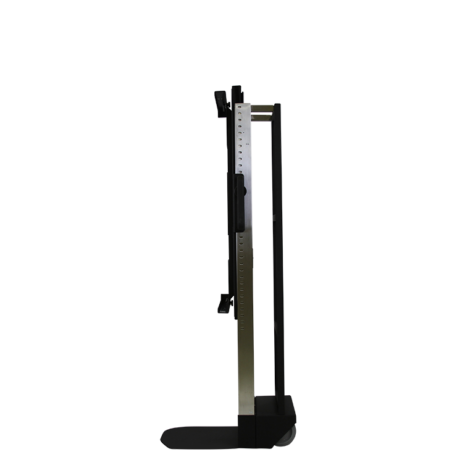 tm80i_profile3 Side view of a tall black metal cart with adjustable slots and caster wheels