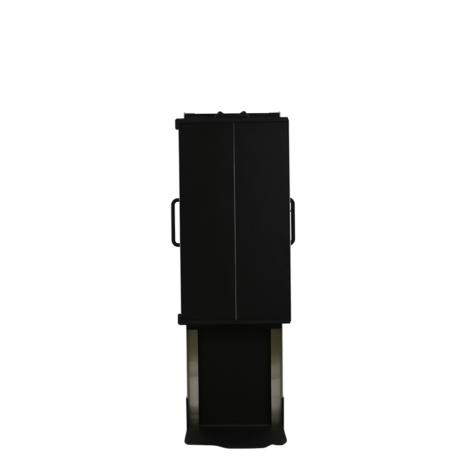 tm80i_tube-1 Front view of a tall black metal cart with side handles and a partially lowered base section