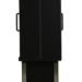 Tall black rectangular panel with a vertical center line and side handles, positioned in front of a metallic frame with an open compartment.