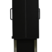 Tall black rectangular panel with a vertical center line and side handles, positioned in front of a metallic frame with an open compartment.