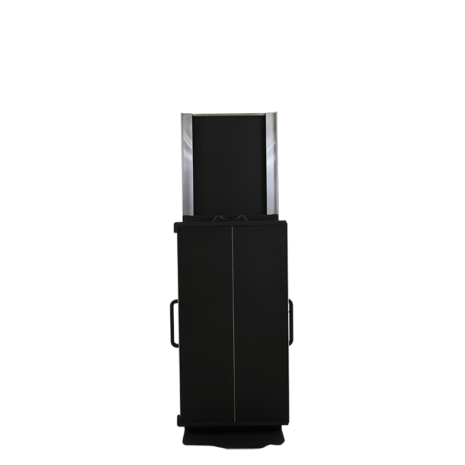 tm80i_tube1-1 Front view of a tall black metal cart with side handles and a partially extended top section.