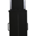 Tall black rectangular panel with a vertical center line and side handles, positioned in front of a metallic frame with an open compartment.