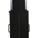 Tall black rectangular panel with a vertical center line and side handles, positioned in front of a metallic frame with an open compartment.