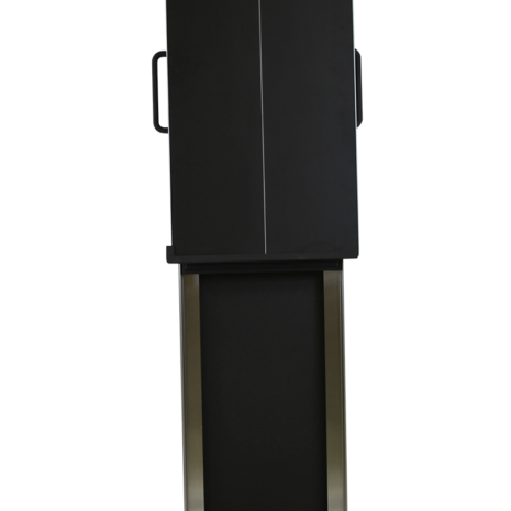 tm80i_tube2 Tall black rectangular panel with a vertical center line and side handles, mounted above a metallic frame with an open compartment.