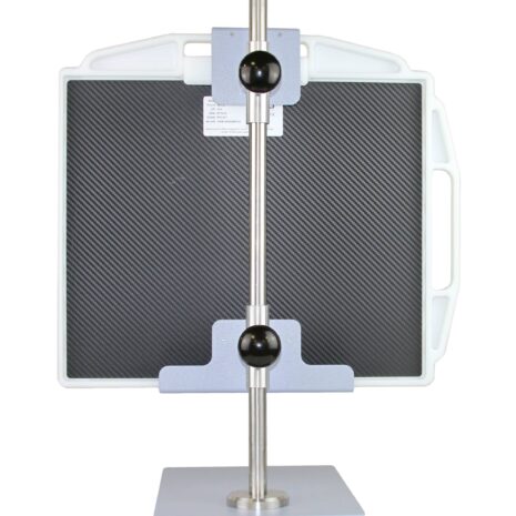 ttdr_back_high-scaled Vertical metal stand with two black spherical clamps holding a flat carbon-fiber panel