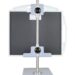 Vertical metal stand with two black spherical clamps holding a flat carbon-fiber panel