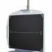 Vertical metal stand with two black spherical clamps holding a flat carbon-fiber panel.