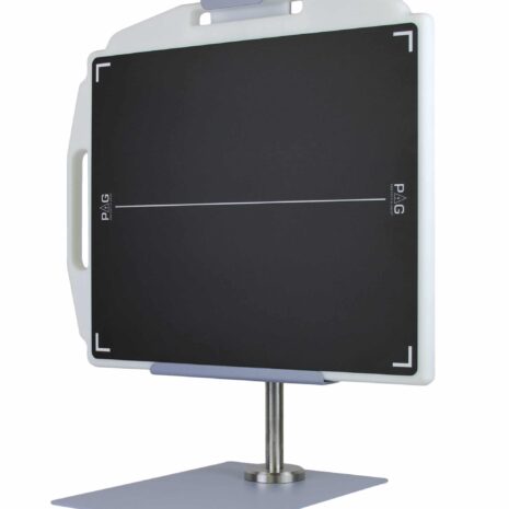 ttdr_hero_pag_high-scaled Vertical metal stand with two black spherical clamps holding a flat carbon-fiber panel.