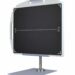 Vertical metal stand with two black spherical clamps holding a flat carbon-fiber panel.