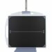 Vertical metal stand with two black spherical clamps holding a flat carbon-fiber panel.